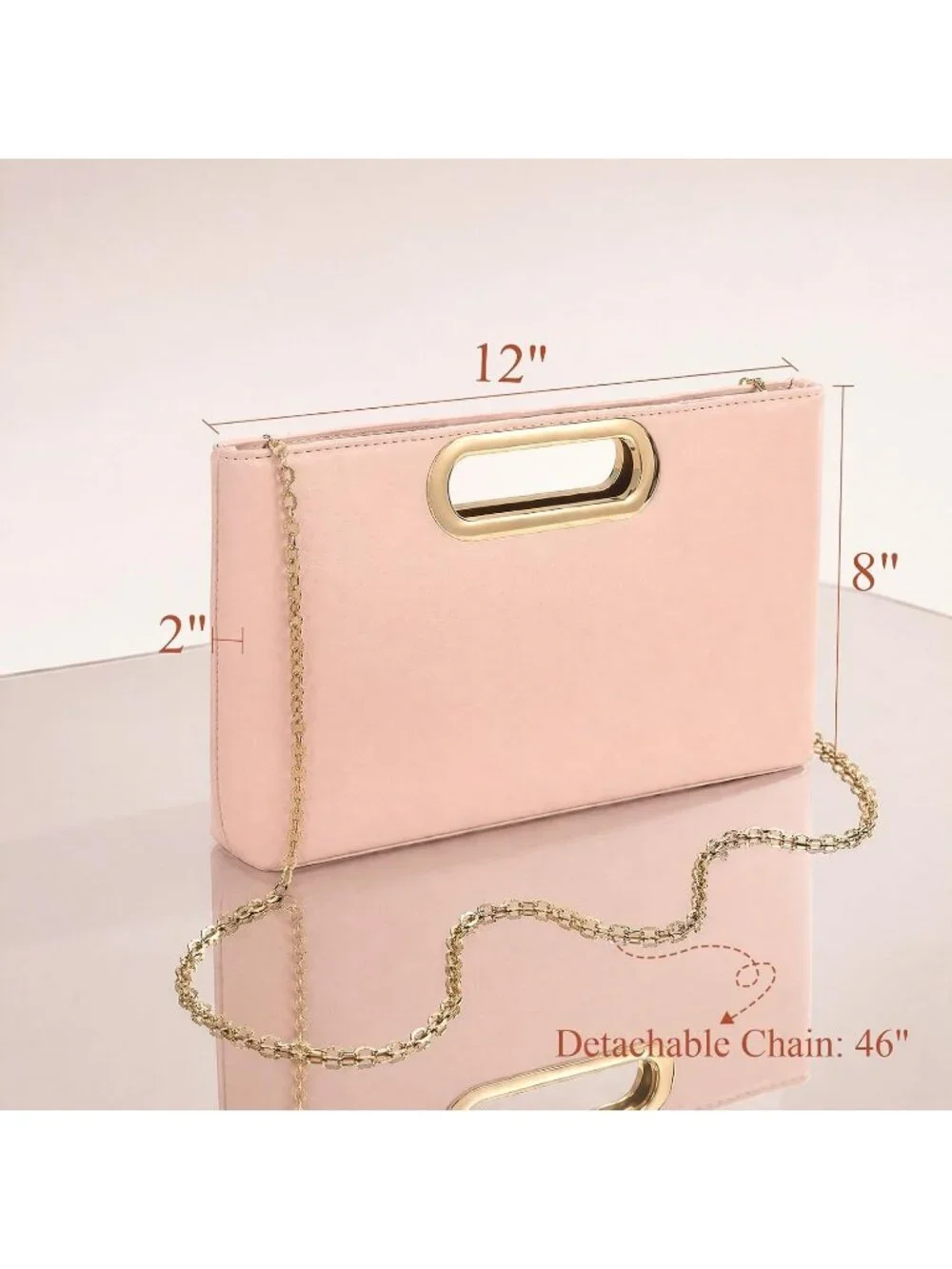 Women's Pink Clutch Handbag Modern Faux Leather with Metal Handle Evening Bag